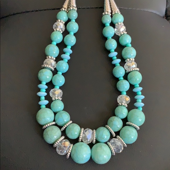 New! Double Strand Turquoise Statement Necklace - Picture 2 of 3